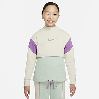 Nike Sportswear Флисовая футболка с воротником стойкой и длинным рукавом для девочек школьного возраста