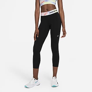 nike training crop leggings with gold sparkle trim in pink