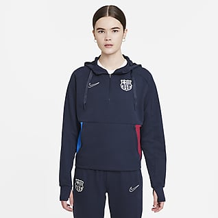 Μπαρτσελόνα Γυναικεία φλις ποδοσφαιρική μπλούζα με κουκούλα και φερμουάρ στο 1/4 του μήκους