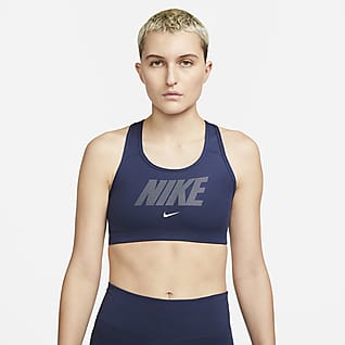 Nike Dri-FIT Swoosh Közepes tartást adó, párnázás nélküli, fémes grafikás női sportmelltartó