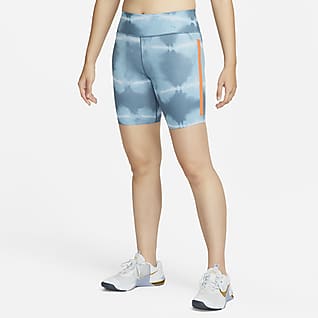 Nike Dri-FIT One Luxe กางเกงเทรนนิ่งขาสั้นพิมพ์ลายเอวปานกลาง 7 นิ้วผู้หญิง