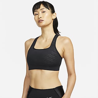 Nike Dri-FIT Swoosh Icon Clash สปอร์ตบราผู้หญิงซัพพอร์ตระดับกลางมีแผ่นฟองน้ำ 1 ชิ้นพิมพ์ลาย