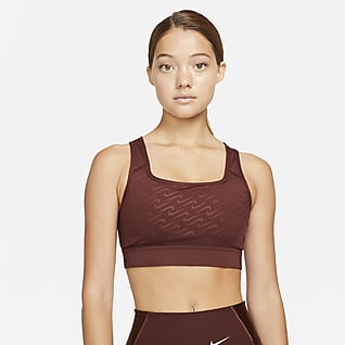 Nike Dri-FIT Swoosh Icon Clash Bra deportivo estampado con almohadilla de una sola pieza de media sujeción para mujer