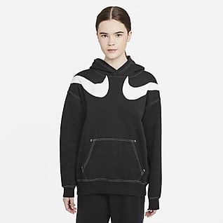 Nike Sportswear Swoosh Γυναικεία φλις μπλούζα με κουκούλα σε φαρδιά γραμμή