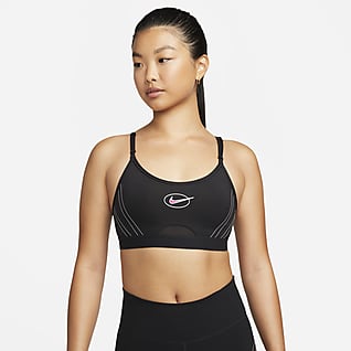 Nike Dri-FIT Indy Icon Clash สปอร์ตบราผู้หญิงซัพพอร์ตระดับต่ำแบบสายเส้นเล็กเสริมฟองน้ำมีกราฟิก