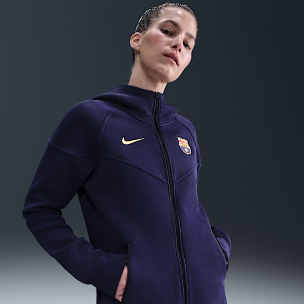 FC Barcelona Tech Windrunner Nike Tam Boy Fermuarlı Fleece Kadın Kapüşonlu Futbol Üstü
