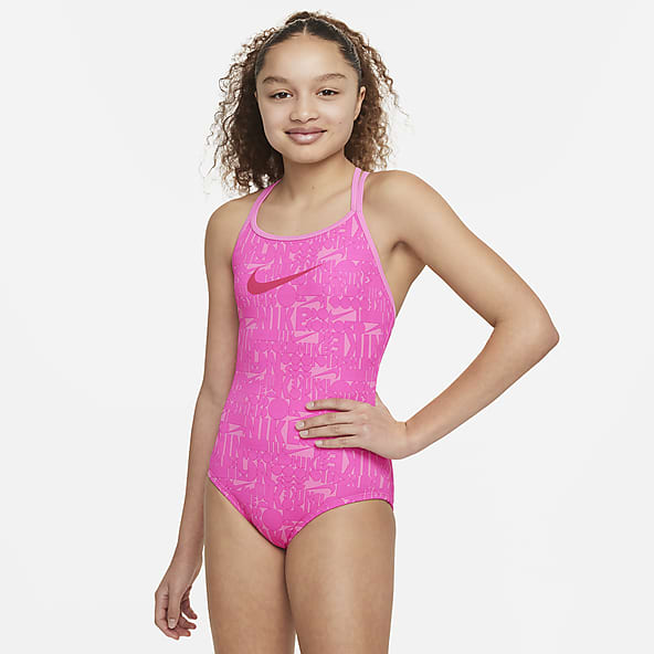 Nike swimming solid lace-up bandeau one piece swimsuit in pink