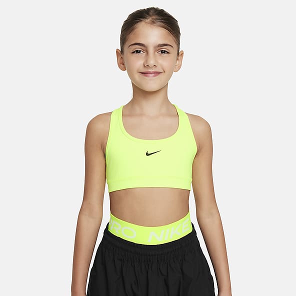 Nike Dri Fit Neon Yellow Sports Bra Black Swoosh Logo 