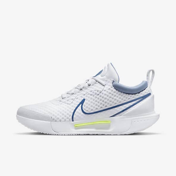 white and blue nike tennis shoes