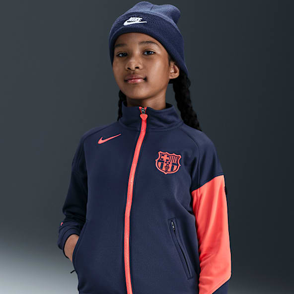 FC Barcelona Academy Pro (wersja trzecia) Przedmeczowa kurtka piłkarska dla dużych dzieci Nike Dri-FIT Total 90