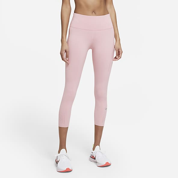 nike training crop leggings with gold sparkle trim in pink