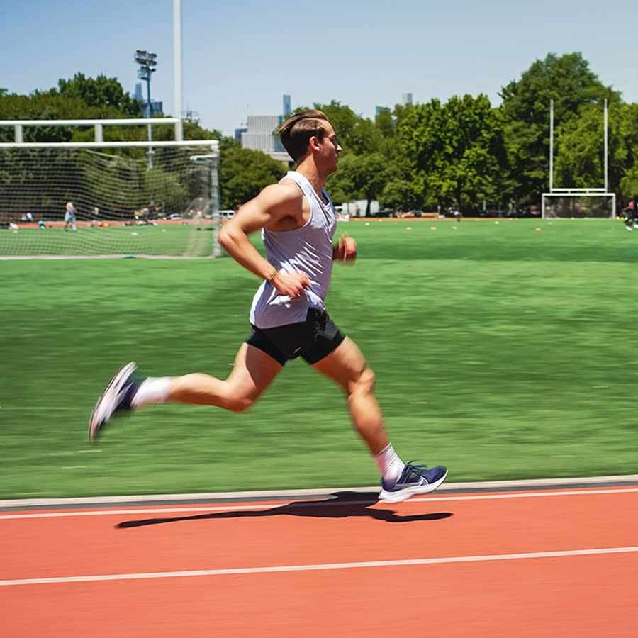 An athlete running on an outdoor sports track to optimize circulatory output and lung capacity benchmarks