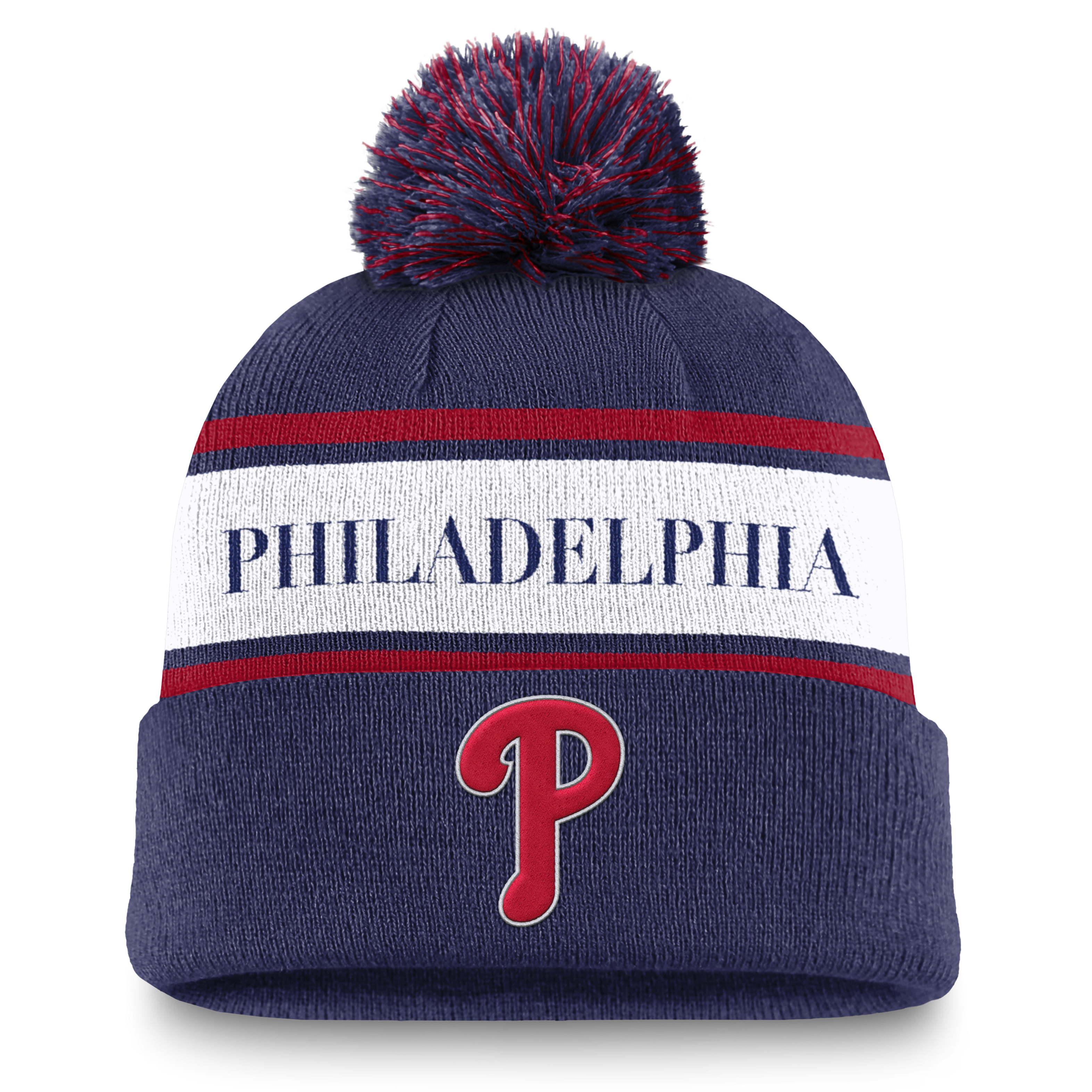 Philadelphia Phillies Team Stripe Peak Men's Nike MLB Cuffed Pom Beanie