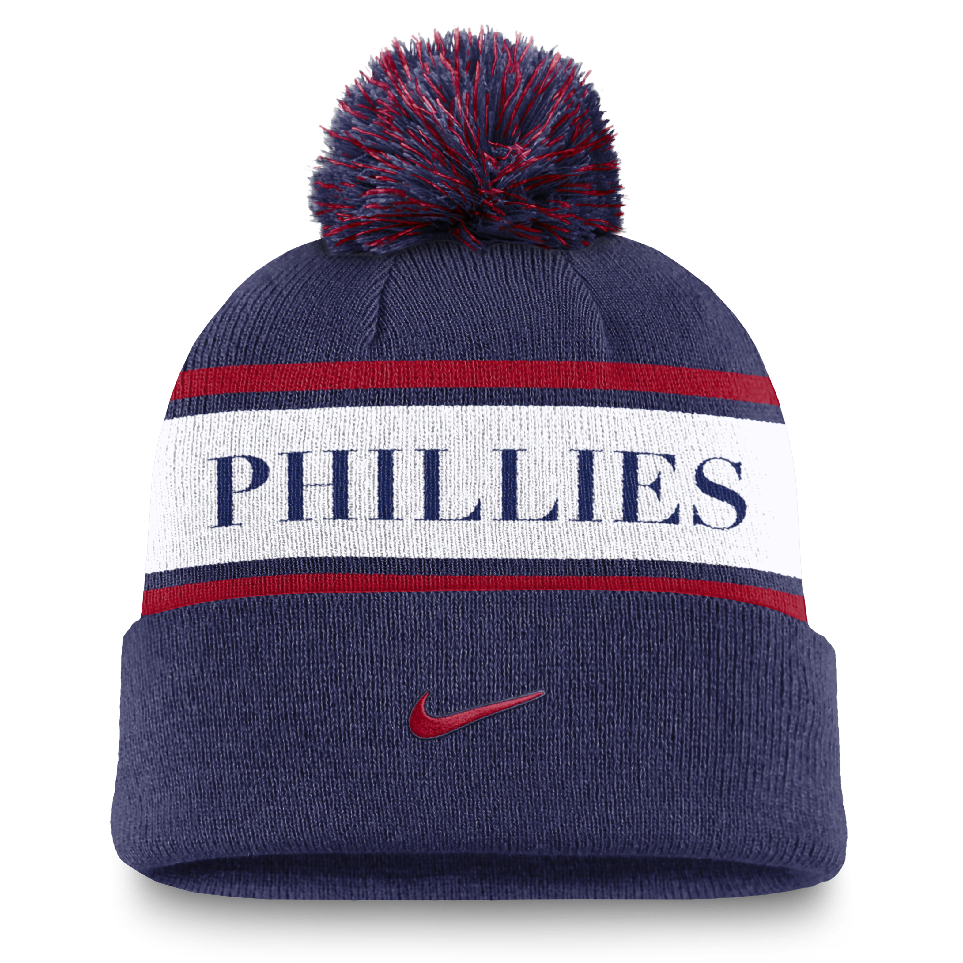 Philadelphia Phillies Team Stripe Peak Men's Nike MLB Cuffed Pom Beanie