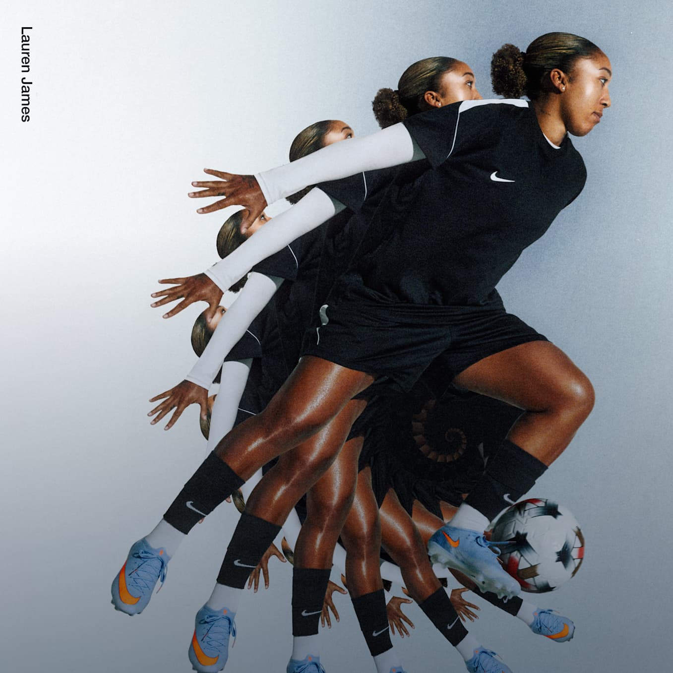 Nike Football image showing Lauren James in a black kit captured in multiple overlapping positions while dribbling a football, creating a dynamic motion effect against a light grey background., Nike United: Sporcular tarafından tasarlandı.