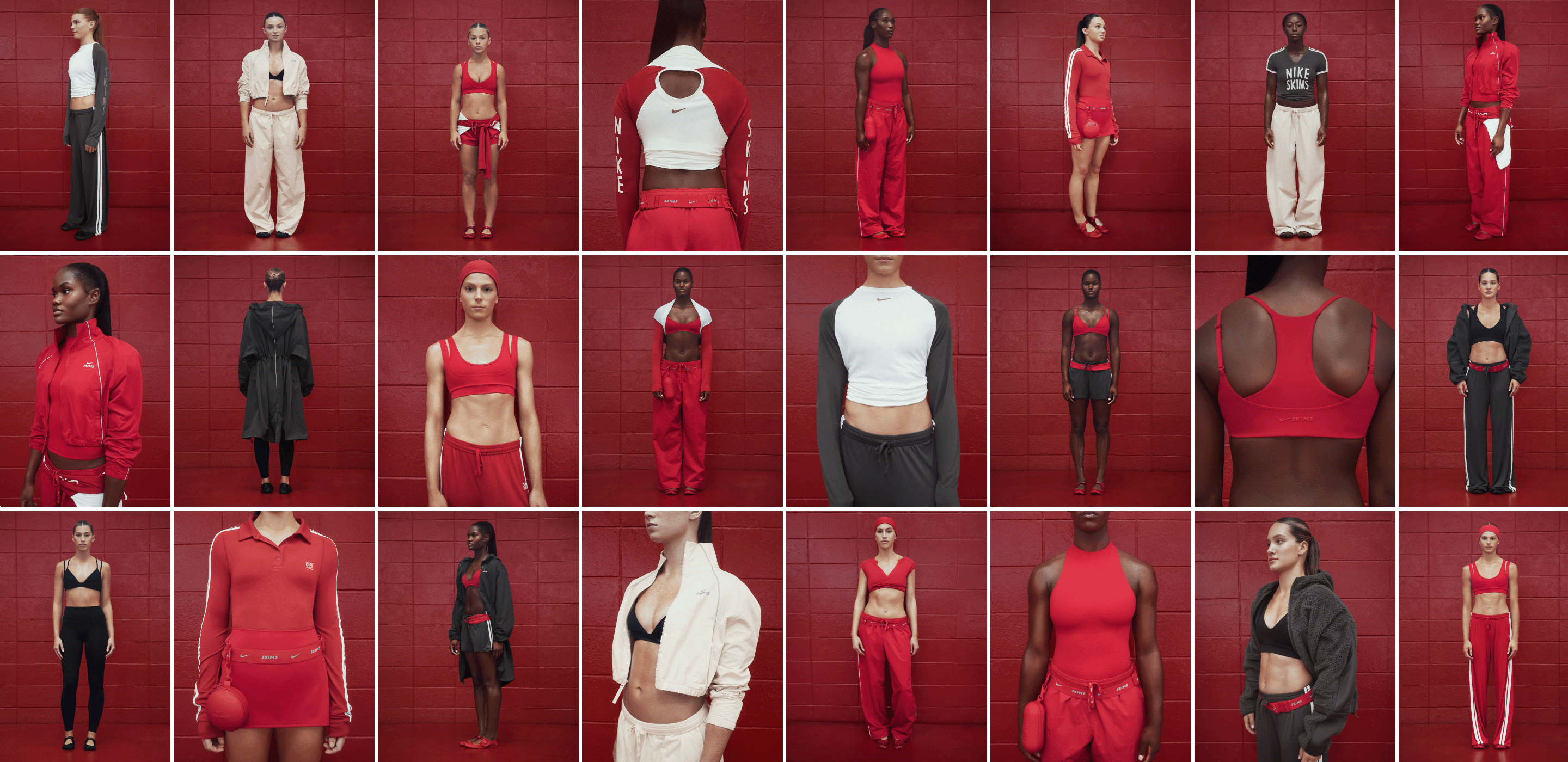 A grid-style montage of 24 athletes, all wearing NikeSKIMS in red white and black, against a red background.