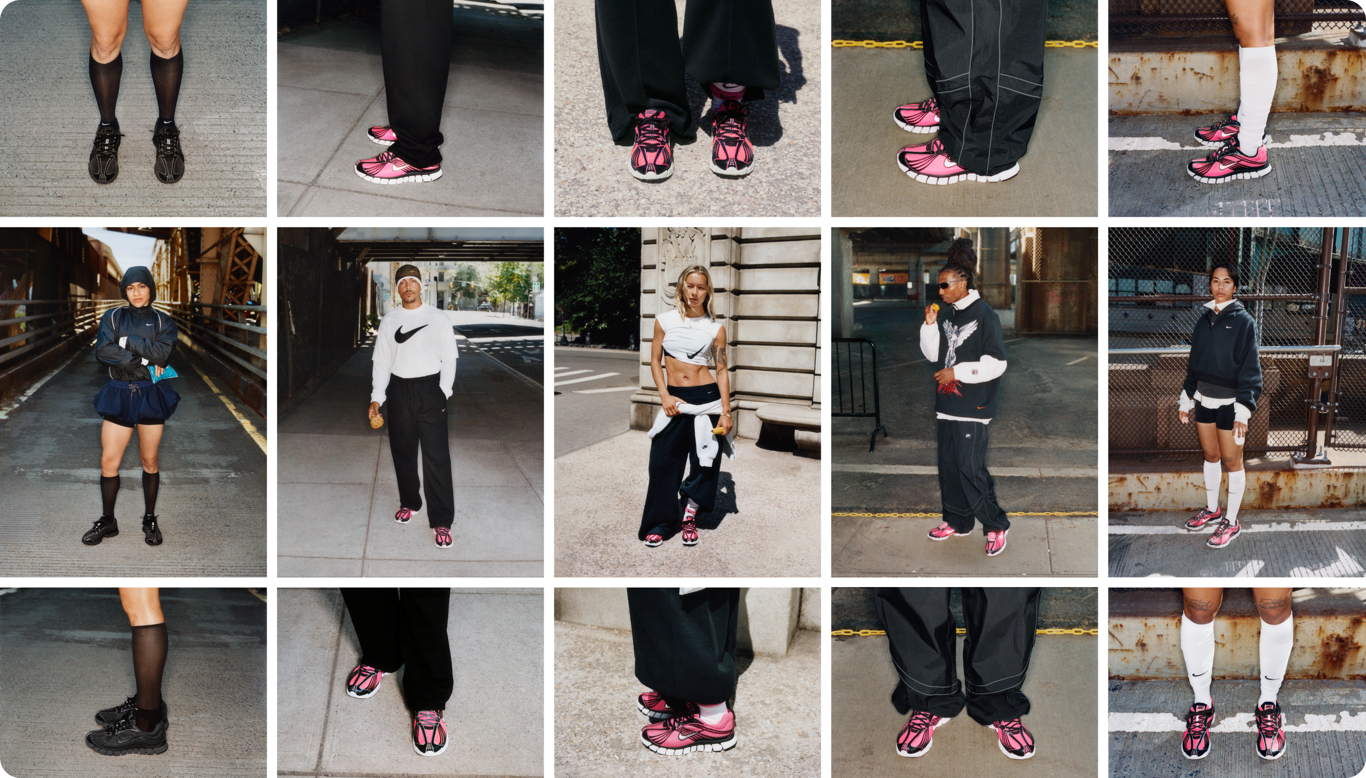 Ein Raster mit Fotos, die verschiedene Models zeigen, die Nike Zoom Skylon 11 Sneaker und Sportbekleidung tragen, abwechselnd in Ganzkörperposen und Nahaufnahmen ihrer Schuhe.