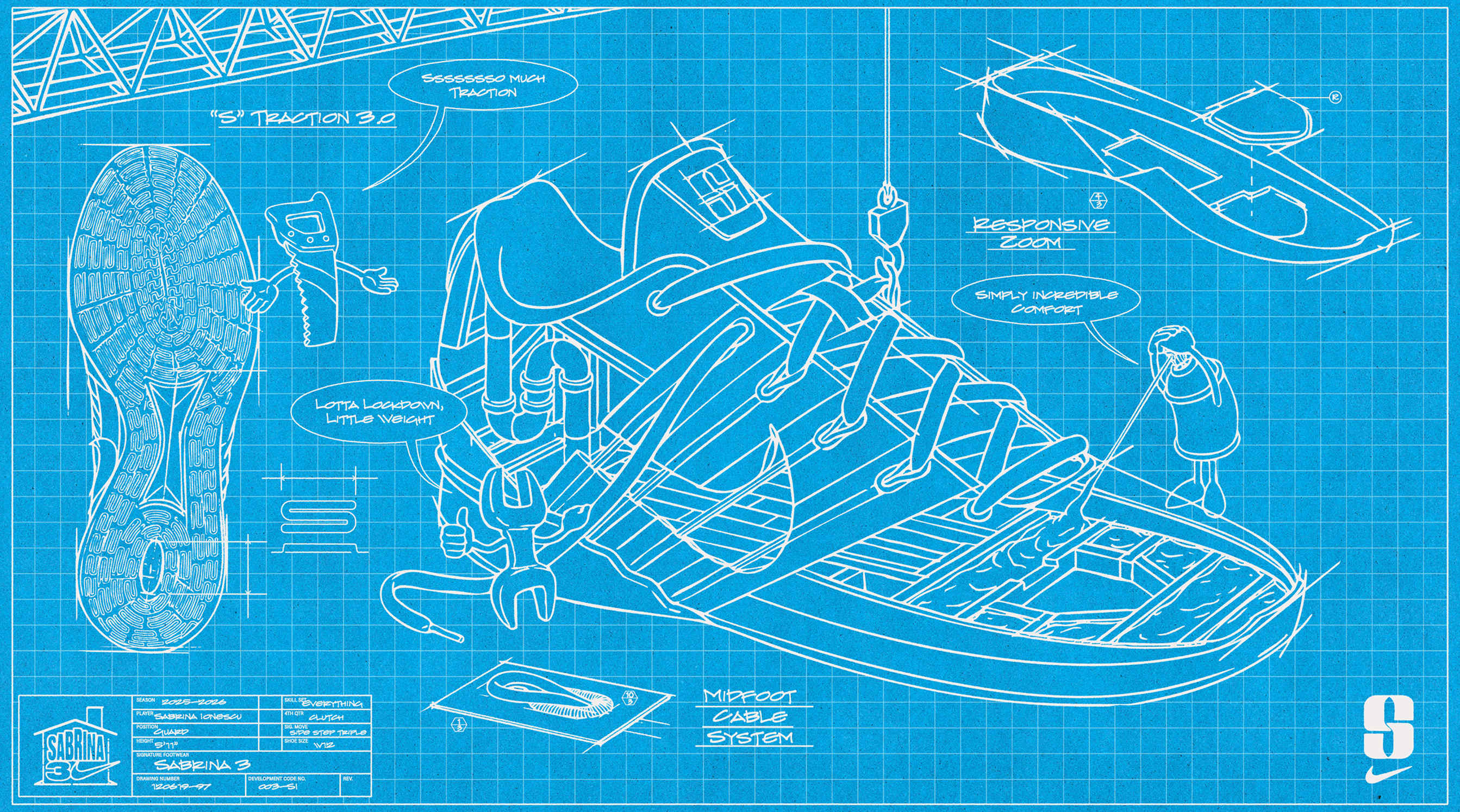 Diagrama en lápiz de Sabrina en papel blueprint.