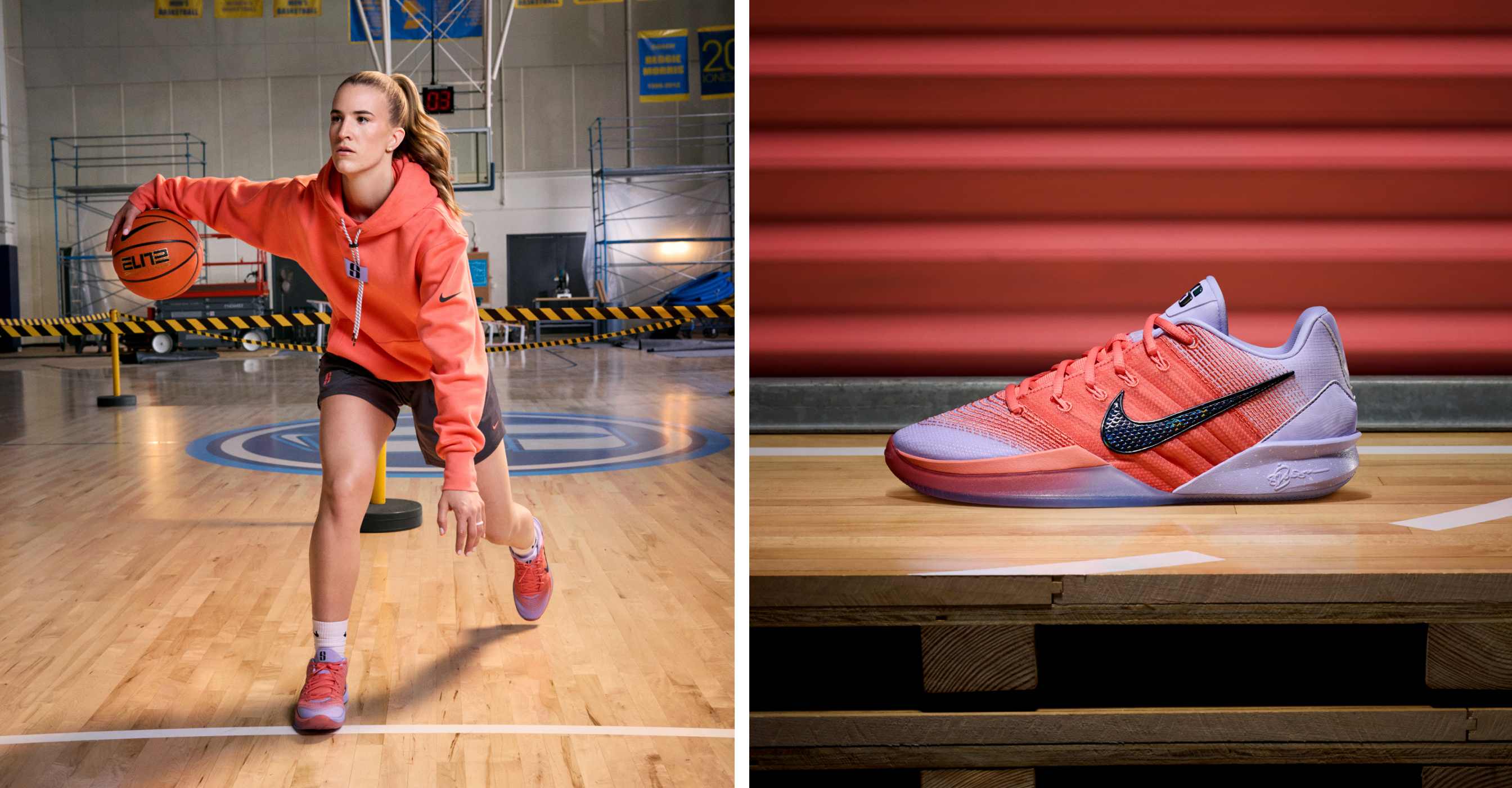 A woman dribbles a basketball on a court under construction; side view of the Sabrina 3 in white and orange with a black Nike swoosh