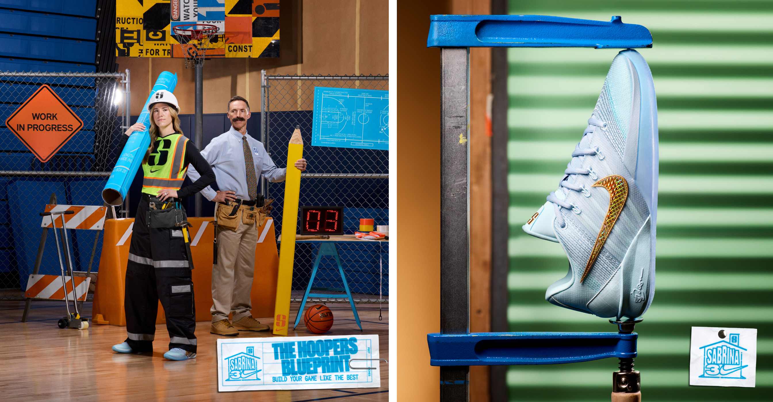 Sabrina y Steve Nash, en una cancha de básquetbol en construcción, sostienen un plano enorme y un lápiz gigante. El texto dice: “The Hoopers Blueprint. Diseña tu juego como las estrellas".