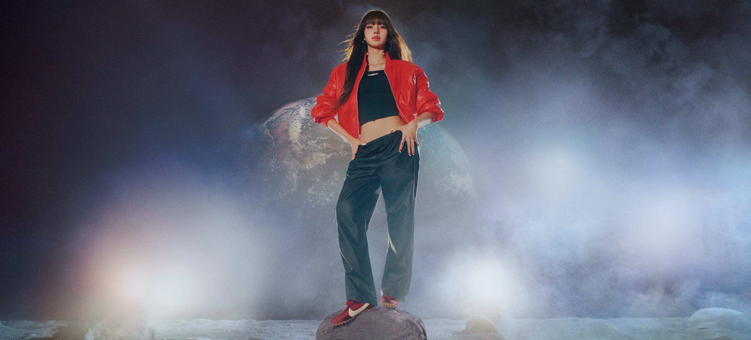 A woman standing on a rock in a misty space landscape with Earth in the background, wearing a red jacket, dark trousers and red Nike Moon Shoes., Stworzone dla żyjących na orbicie