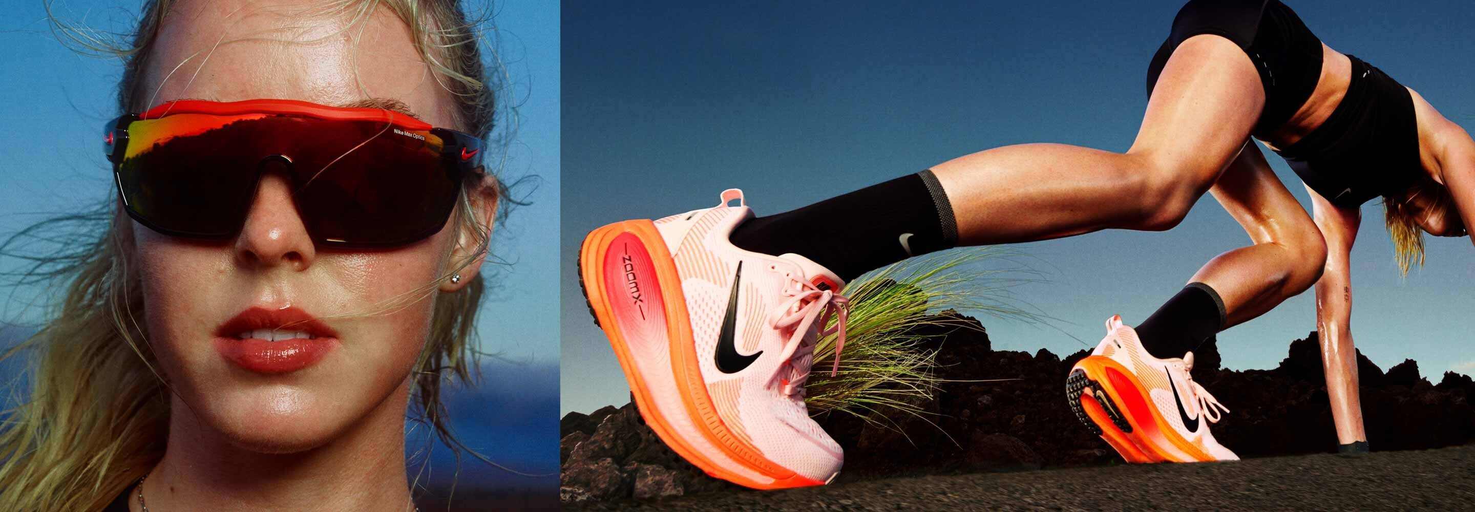 Pink and orange Nike ZoomX Vomero shoe on a black background 