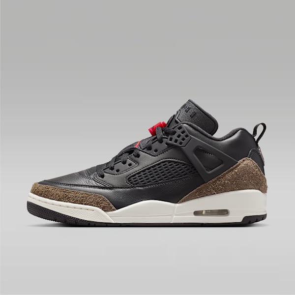Shop Jordan Icons, Profile view of the Jordan Spizike Low shoe in black leather with brown textured overlays and a white midsole., slide 2 of 7