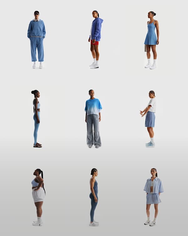 What’s New Now, A group of nine women standing in a plain grey studio space, wearing Nike apparel in various shades of blue., slide 4 of 4