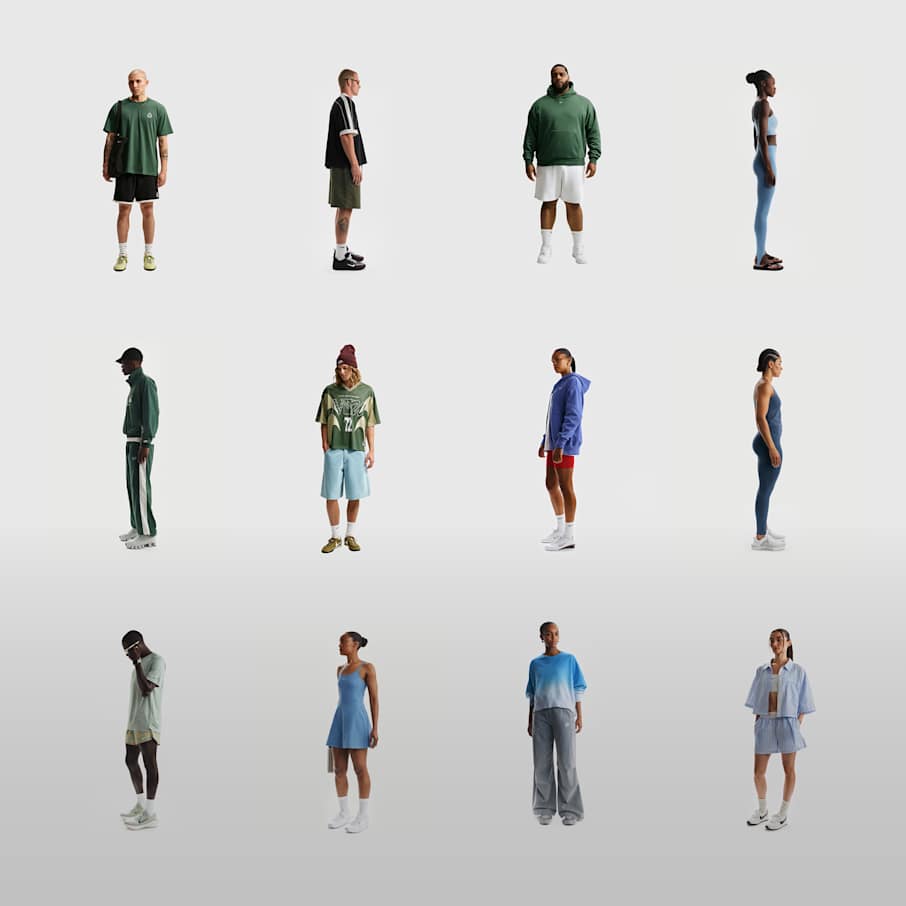 A group of twelve individuals standing on a light grey background, wearing Nike apparel and Nike shoes in a variety of colours., Shift the Frequency