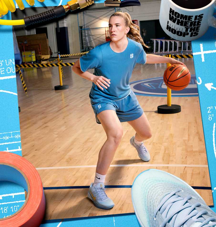 Sabrina dribbles a basketball on a court marked as a construction zone.
