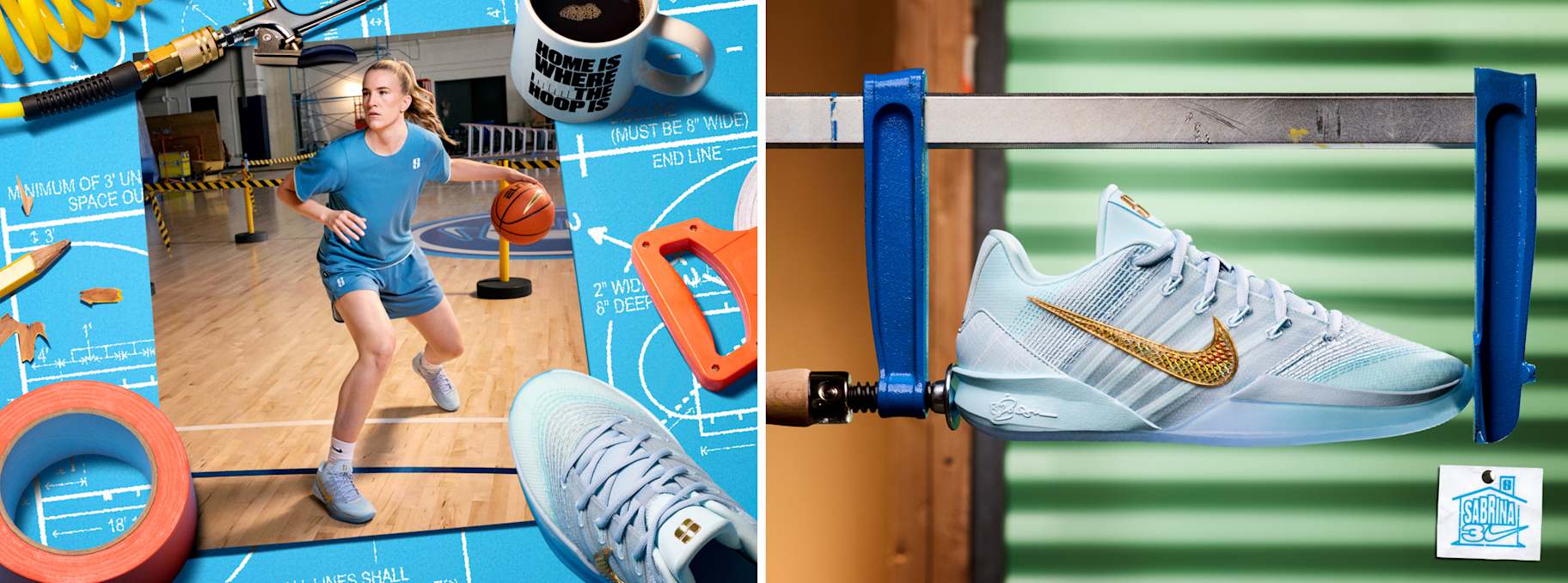 Sabrina dribbles a basketball on a court marked as a construction zone.  Text says The Hoopers Blueprint.