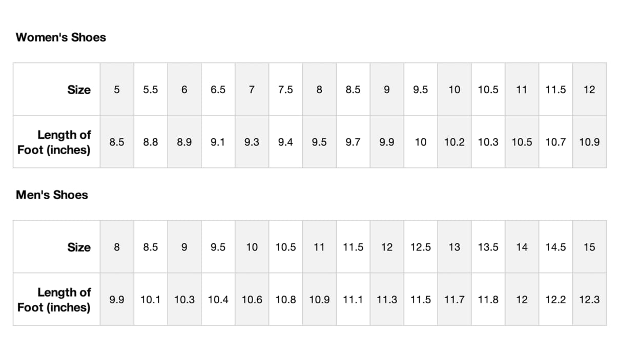 Size Chart Inches Length