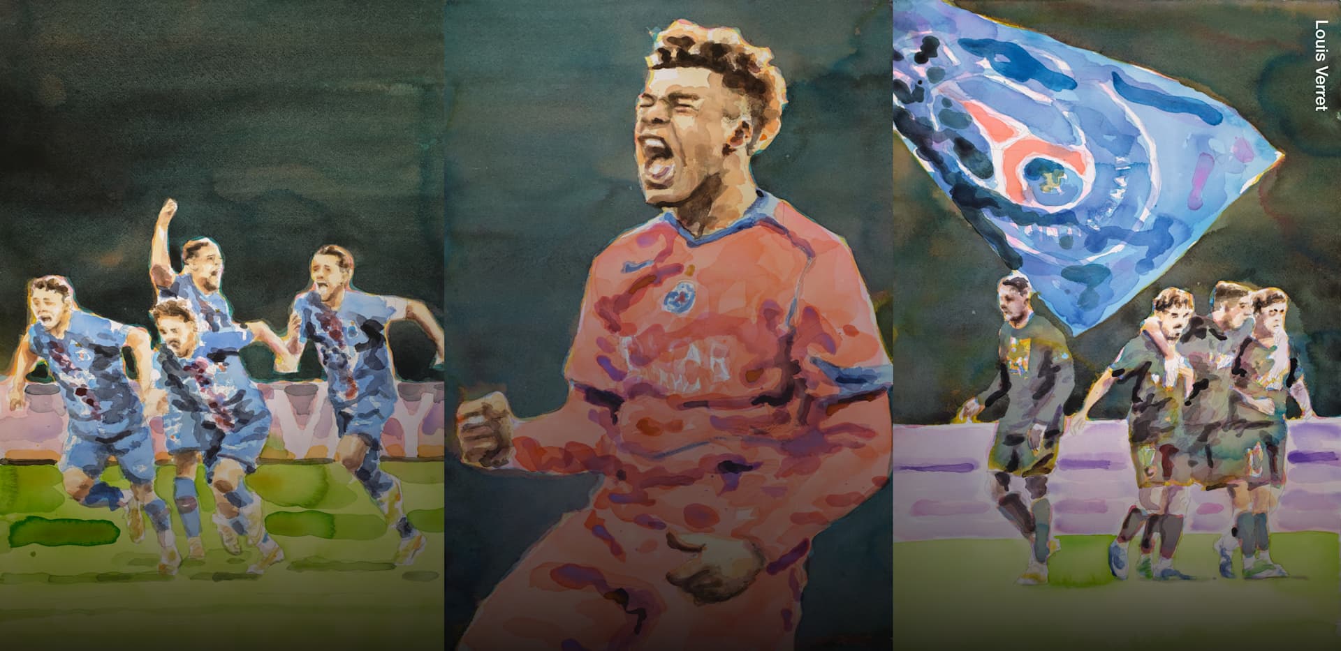 Watercolour-style artwork depicting three PSG football moments: players together on the pitch, a player in a red goalkeeper kit, and a group of players beneath a large PSG flag., Paris au sommet