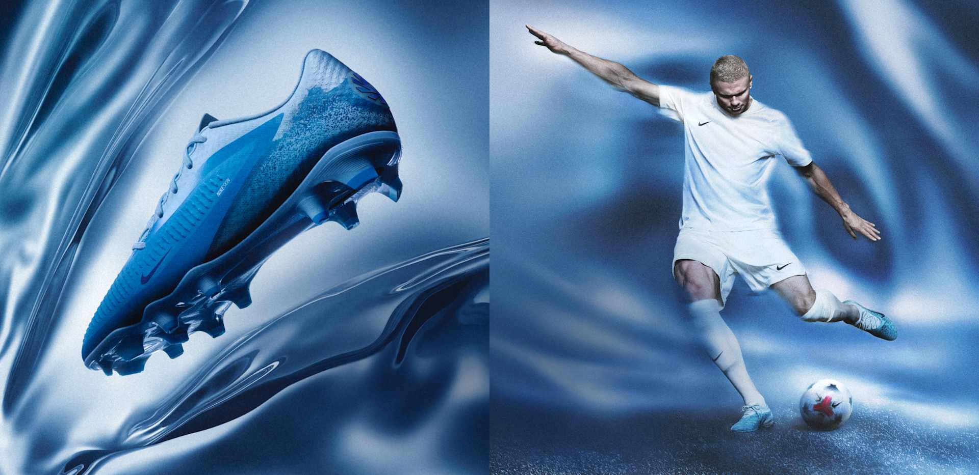 Kék stúdióban, fehér Nike mezben és kék futballcipőben rugdal Erling Haaland egy focilabdát. Mellette a kék Phantom 6 cipő látható közelről., MEGÁLLÍTHATATLAN
