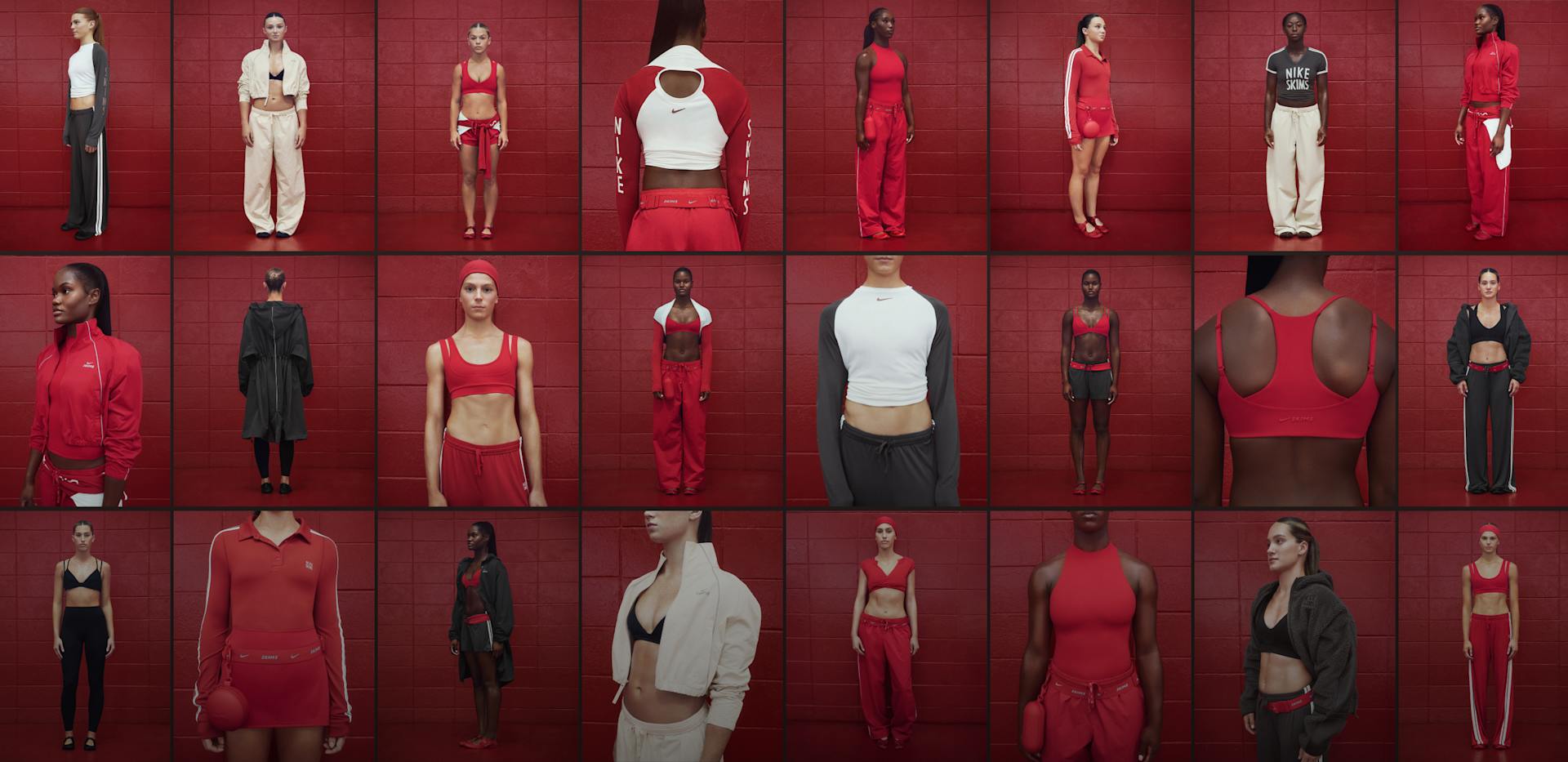 A grid-style montage of 24 athletes, all wearing NikeSKIMS in red, white, and black, against a red background., NEW NIKESKIMS