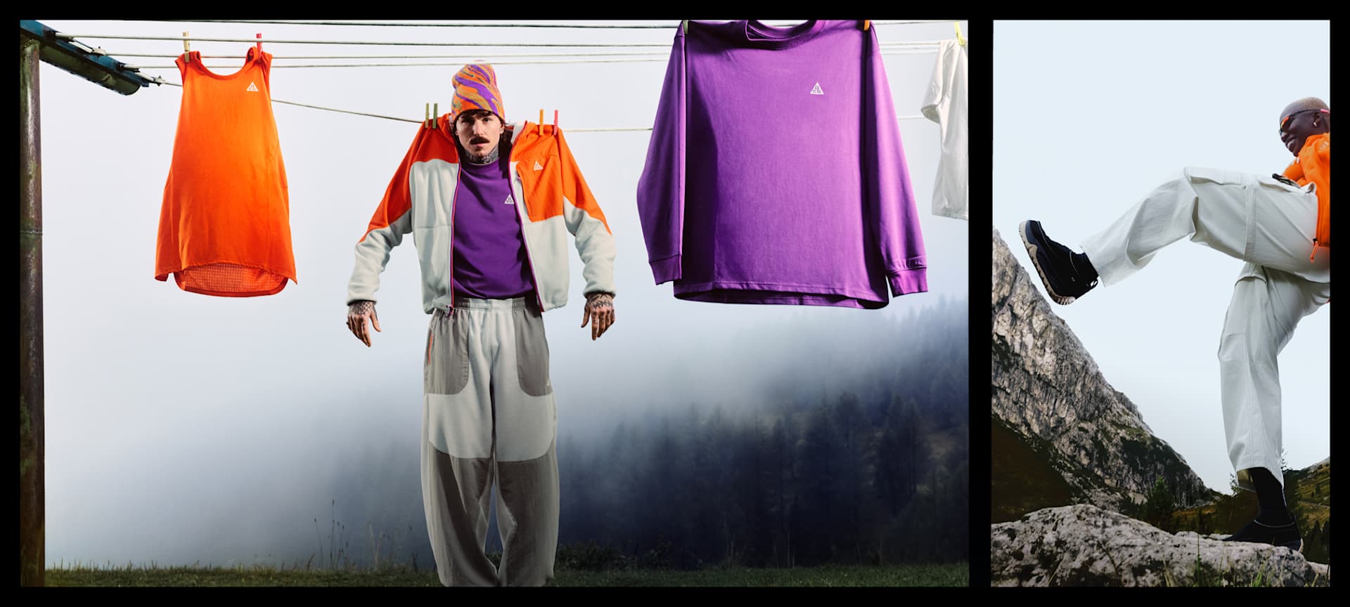 ACG 용품을 착용한 탐험가가 빨랫줄에 매달려 있는 모습.