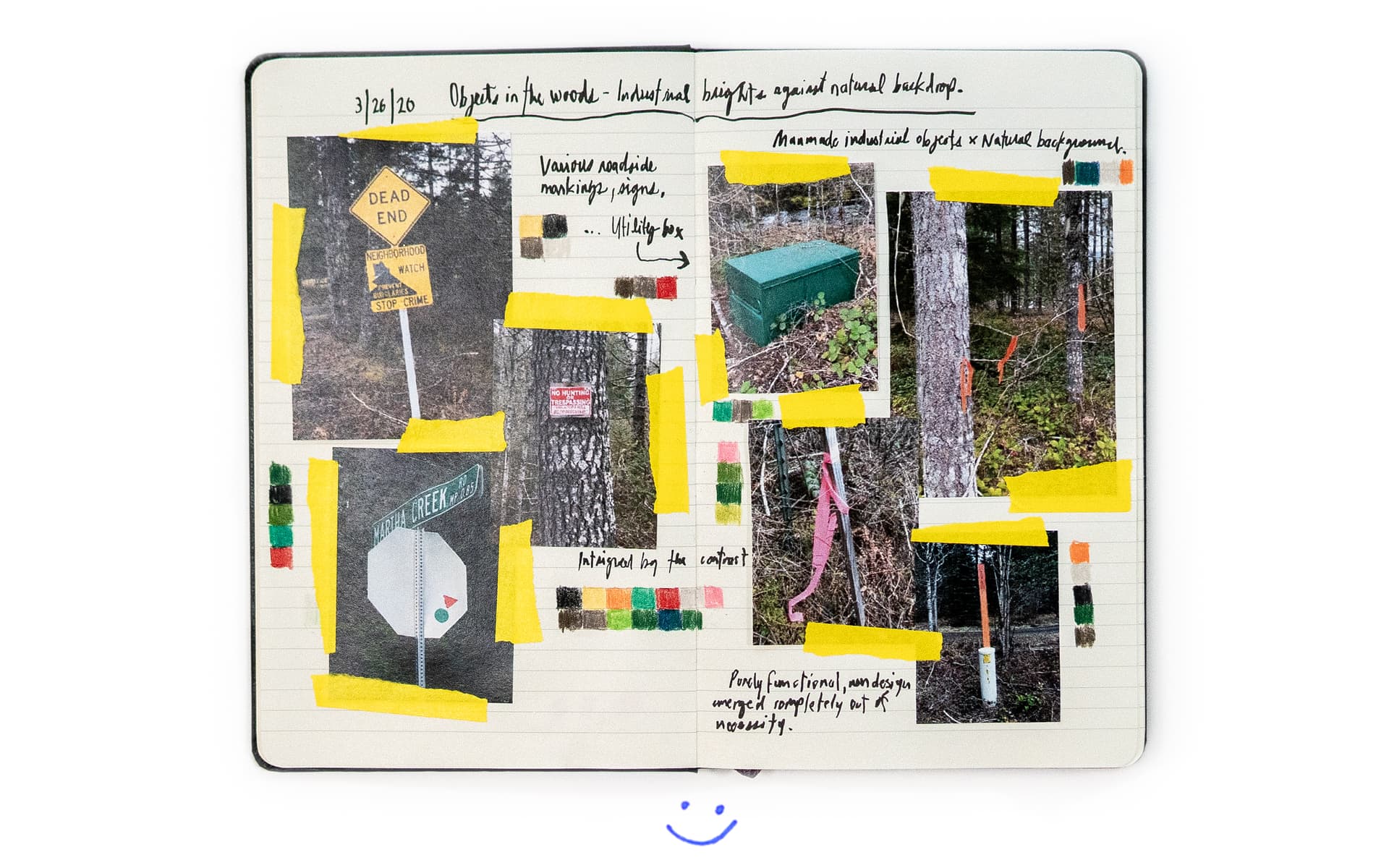 Nom de l'expérience chromatique : OBJETS DANS LES BOIS / COULEURS INDUSTRIELLES VIVES SUR FOND NATUREL / COULEURS FONCTIONNELLES PRAGMATIQUES 
 Date : jeudi 26 mars 2020 
 Réflexions et observations : « Comme les parcs d'État sont fermés, nous avons fait une longue marche dans la campagne pour nous dégourdir les jambes et prendre l'air. Au cours de cette promenade, j'ai recensé divers marquages et panneaux routiers ainsi que des armoires techniques sur lesquels nous sommes tombés par hasard. J'ai été intriguée par le contraste entre ces objets industriels créés par l'homme et le fond naturel. Ces couleurs sont purement fonctionnelles, sans design spécifique, créées uniquement par nécessité. » [Texte et photos : Chiyo. Mise en page : équipe Nike Journal.]
