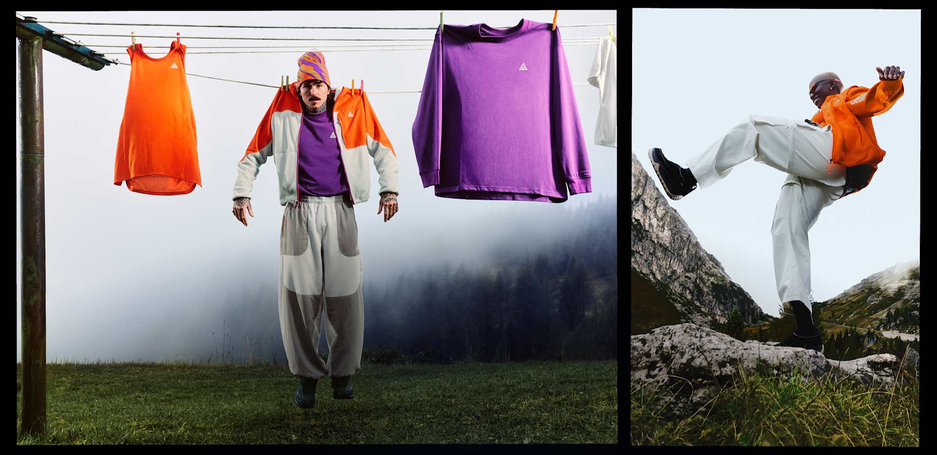 An explorer in ACG gear hangs from a clothesline.