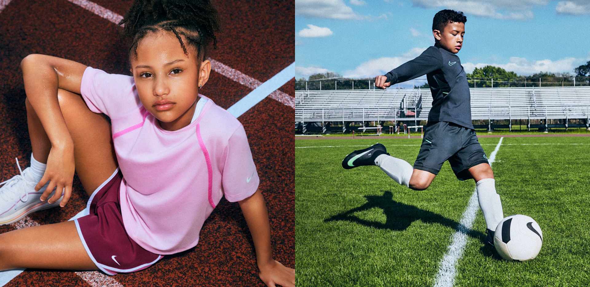 Two-panel image with a girl in a pink shirt and maroon shorts sitting on a track on the left, and a boy in grey apparel kicking a soccer ball on a grass pitch in black Mercurial Superfly boots on the right., READY FOR EVERY PLAY
