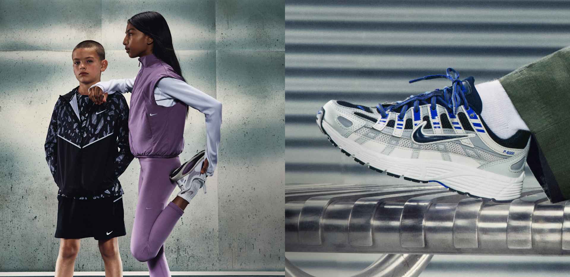 İki panelli görselin sol tarafında mor ve siyah Nike spor kıyafetleri giymiş iki genç sporcu, sağ tarafta ise gümüş, mavi ve siyah renklerdeki Nike P-6000 spor ayakkabısının yandan yakın çekimi yer alıyor., SEZON DIŞI MI? HİÇ DUYMADIK.