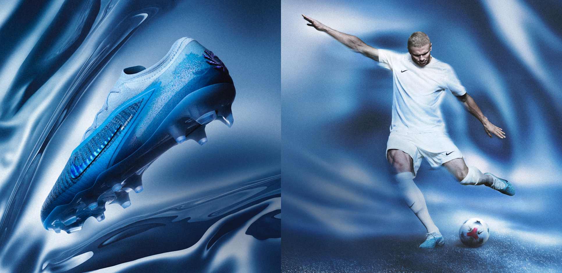 Erling Haaland, con divisa Nike bianca e scarpe da calcio blu, calcia un pallone in uno studio blu, accanto a un primo piano di una Phantom 6 blu., UNA FORZA INARRESTABILE