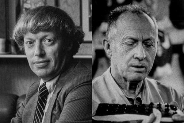 Split image featuring black-and-white portraits of Phil Knight and Bill Bowerman., slide 1 of 10