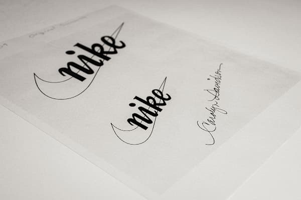 Sketches of the original Nike Swoosh logo signed by designer Carolyn Davidson., slide 4 of 10