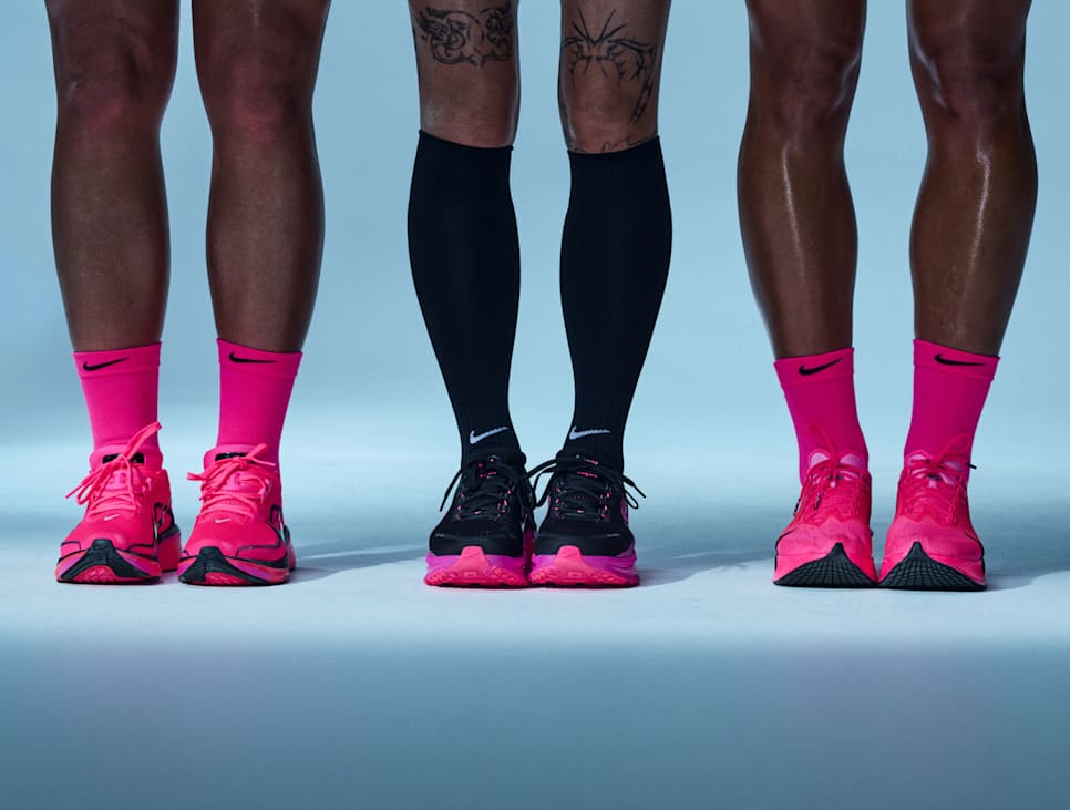 Three athletes standing in a studio, wearing Nike socks and running shoes in pink and black., Nike Running Shoe Finder