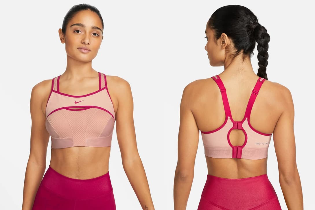 Nike Swoosh high neck keyhole sports bra pink S, Women's Fashion