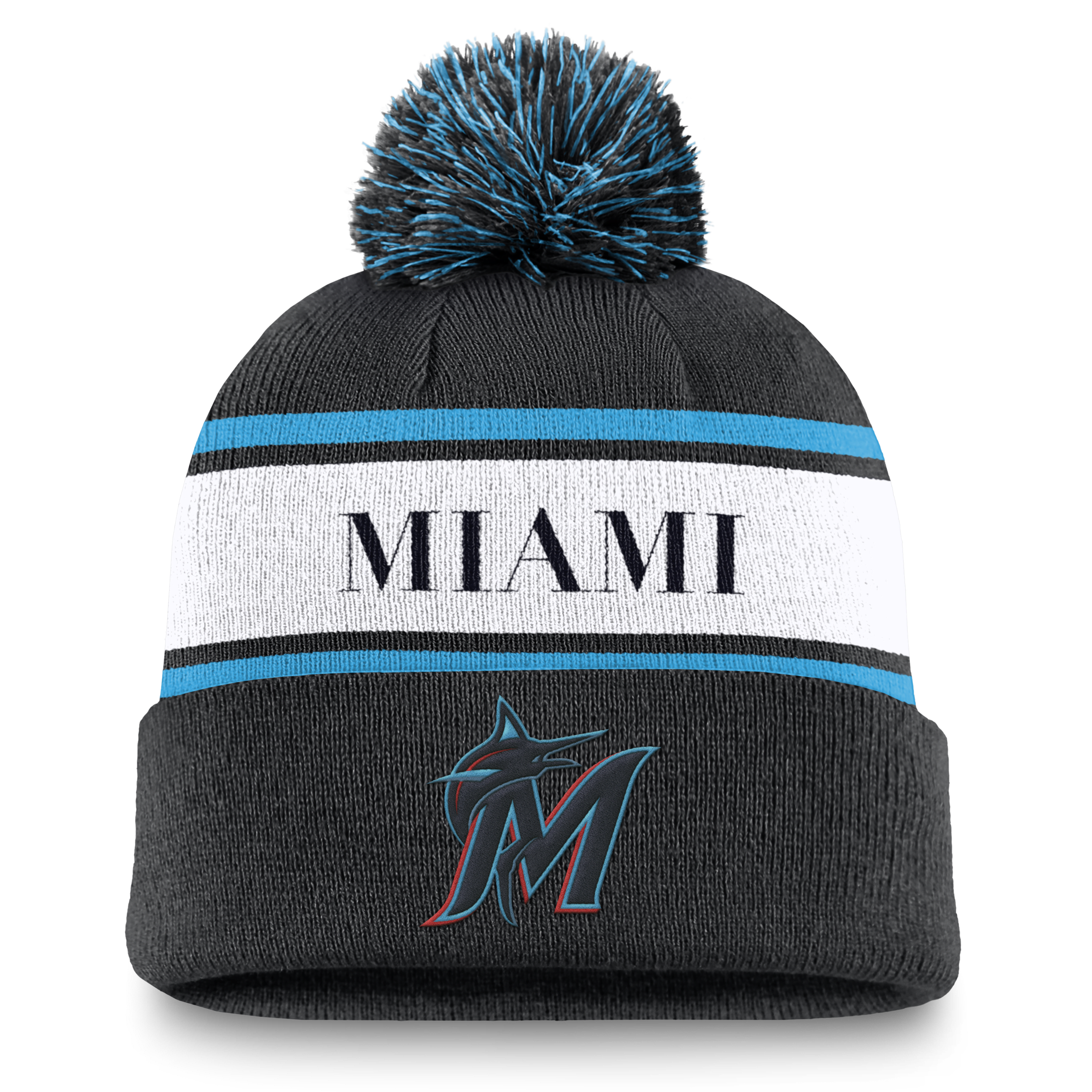 Miami Marlins Team Stripe Peak Men's Nike MLB Cuffed Pom Beanie