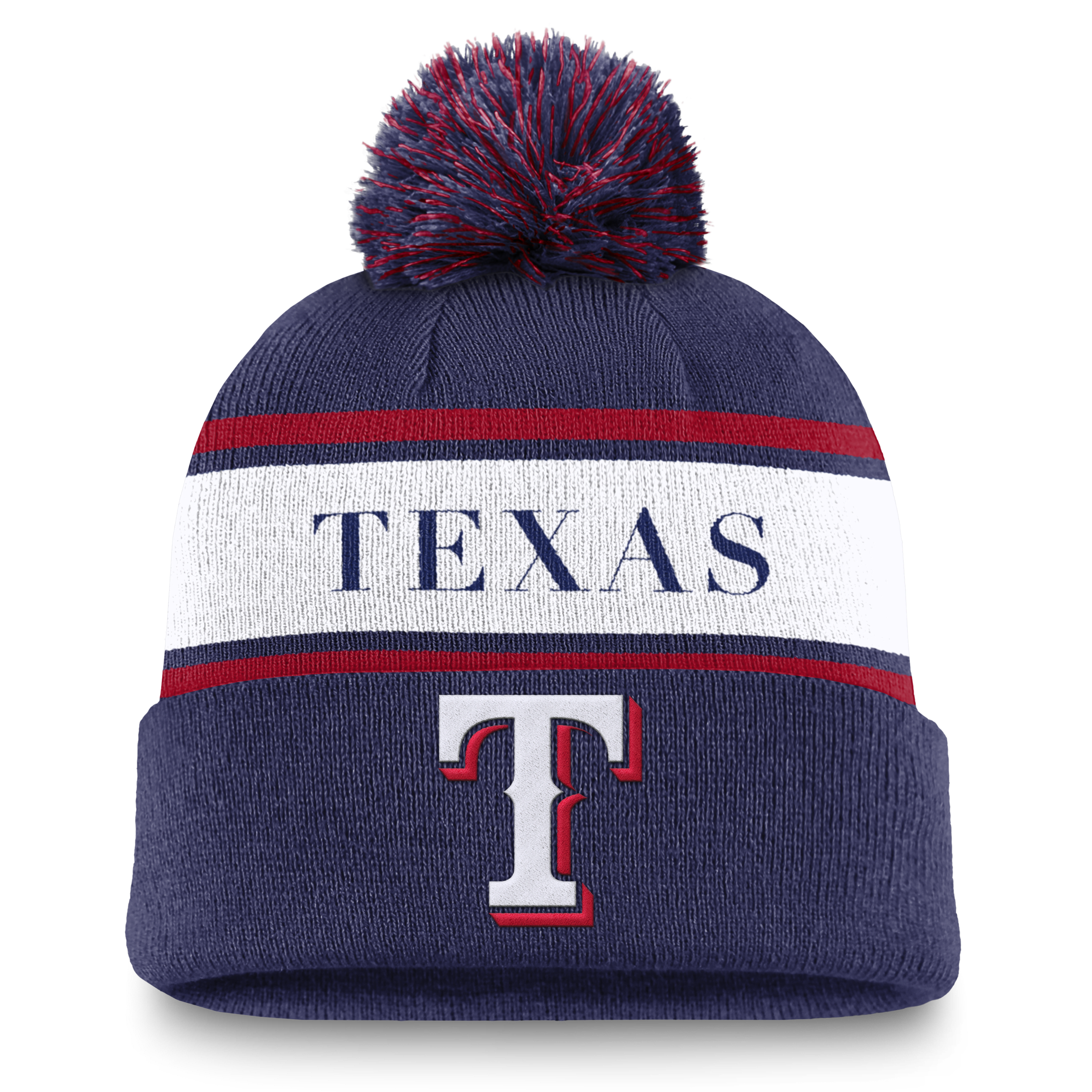 Texas Rangers Team Stripe Peak Men's Nike MLB Cuffed Pom Beanie