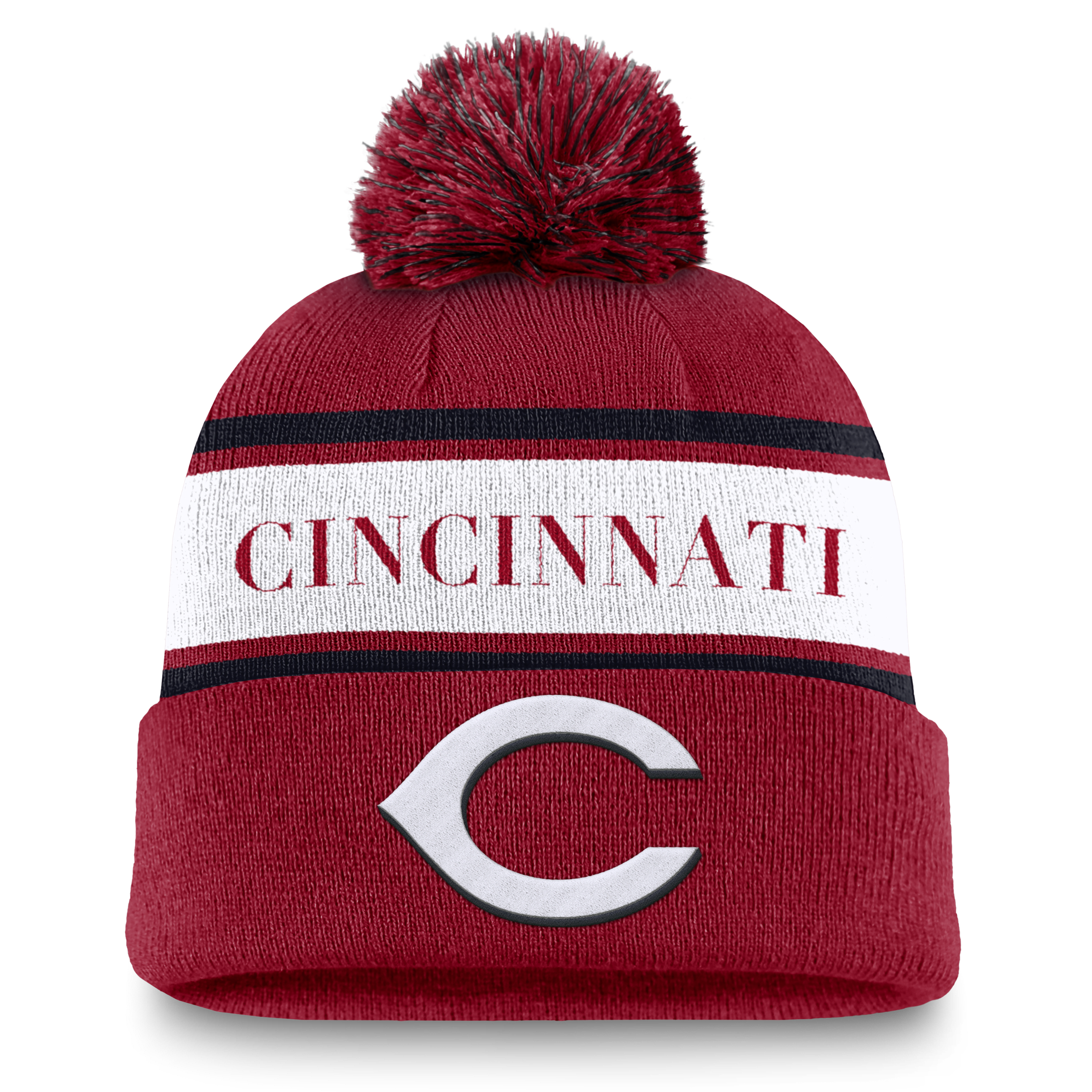 Cincinnati Reds Team Stripe Peak Men's Nike MLB Cuffed Pom Beanie