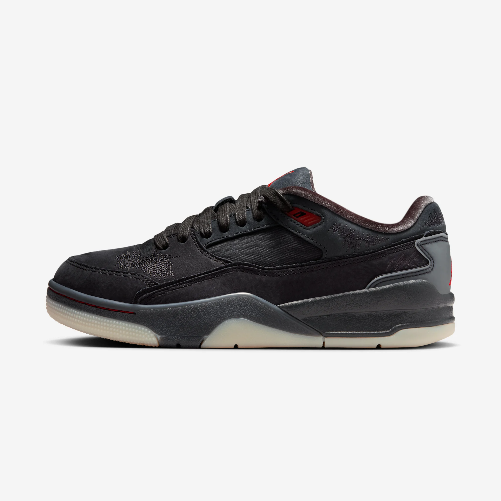 Who Decides War x Jordan Flight Court "Téla" Black/Varsity Red/Off Noir/Muslin
