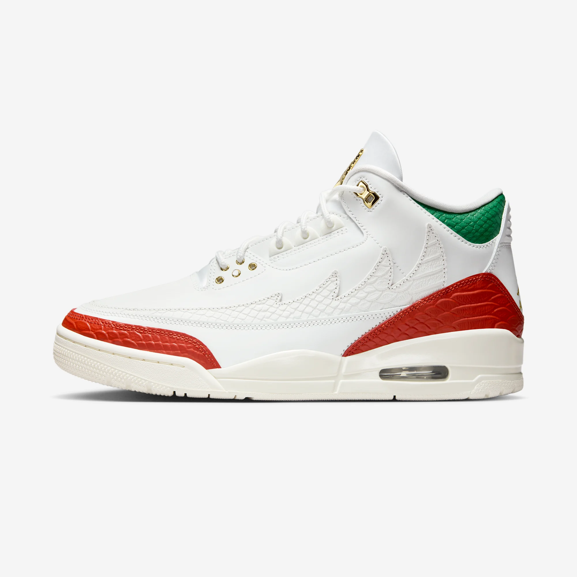 Air Jordan 3 Retro MEX "Summit White" Summit White/Metallic Gold/Pine Green/Dragon Red/Sail